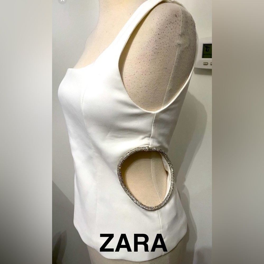 ZARA White One Shoulder Top With Rhinestone Trim Cut Out Detail - Size S (M) NEW